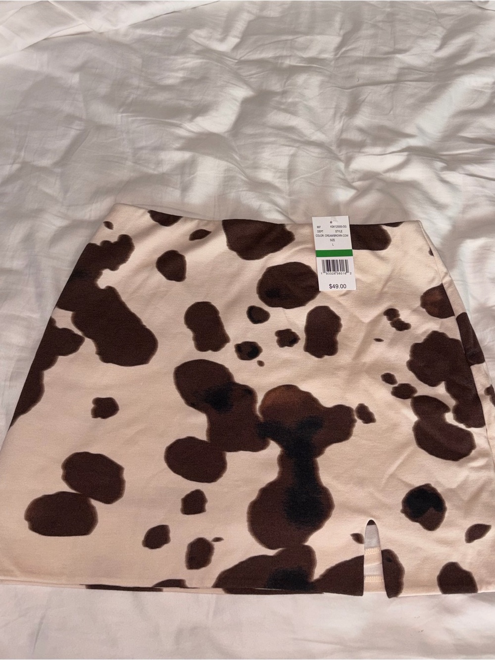 Cream and Brown Cow-Print Mini Skirt with Front Slit